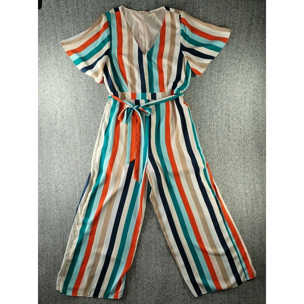 GB Gianni Bini Striped Wide Leg Jumpsuit Womens Large V Neck Lined Cropped...
